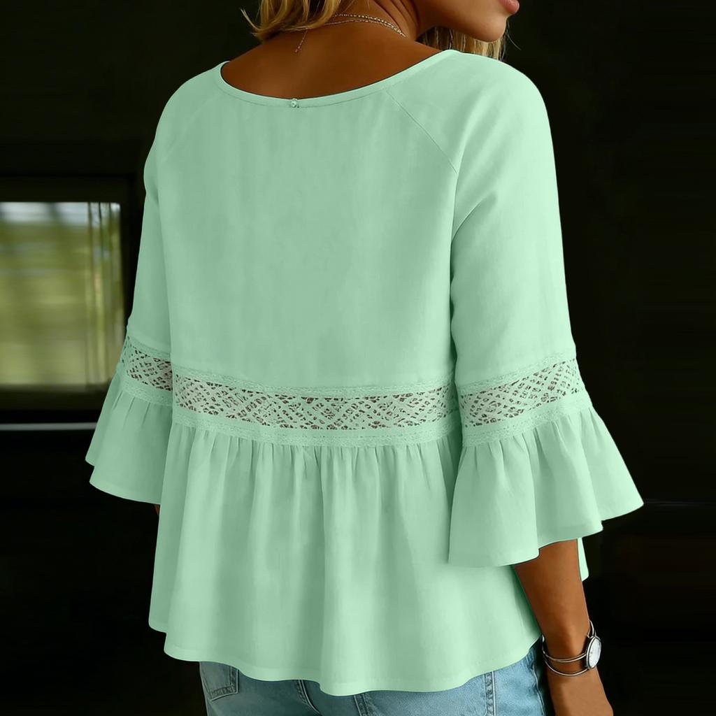 Women's Color Casual Fashion Loose Cotton Linen Lace Splicing Round Neck Shirt Top