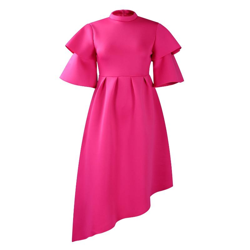 

Women s clothing summer new double-layer lotus leaf sleeves solid color pendulum dress 5XL рожевий червоний колір