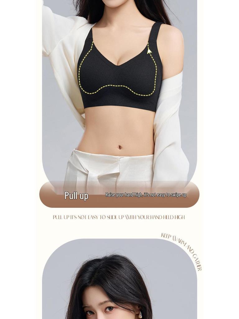 Plus Size Gathering Support Bra for Full Bust - Autumn/Winter Warmth, Anti-Sagging Design with Fixed Cups for a Slimming Effect.