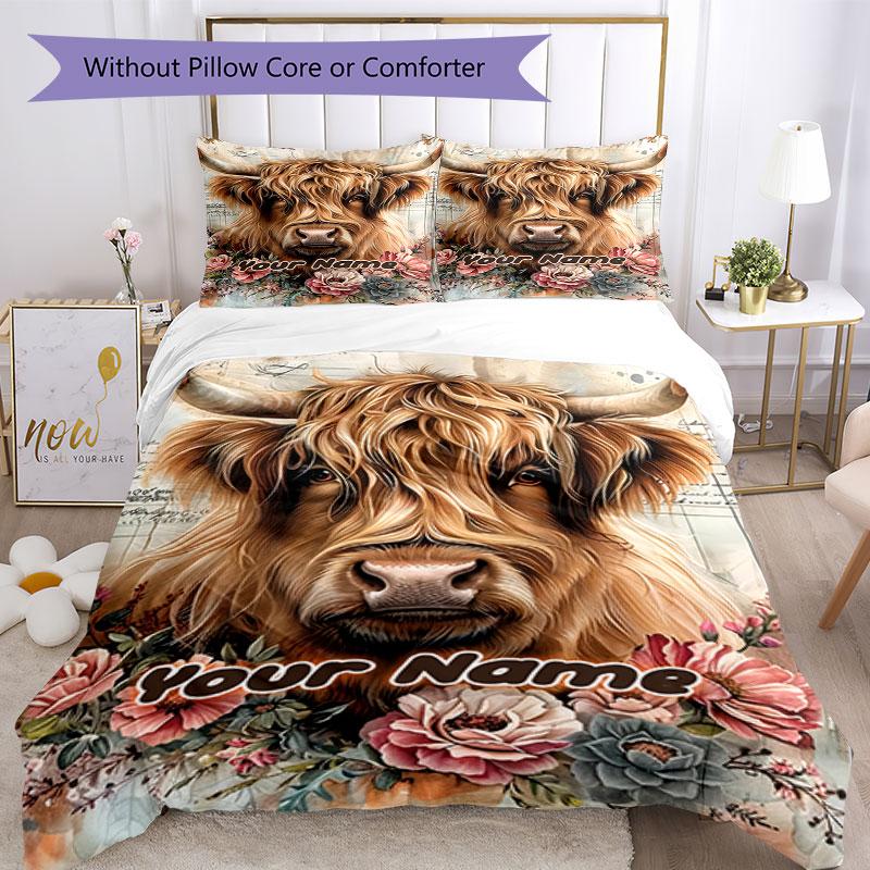 3PC Custom Name Highland Cow Floral Art Bedding Set Printed Bedding Set Duvet Cover Closure Includes 1 Duvet Cover & 2 Pillowcases for All Seasons Bed