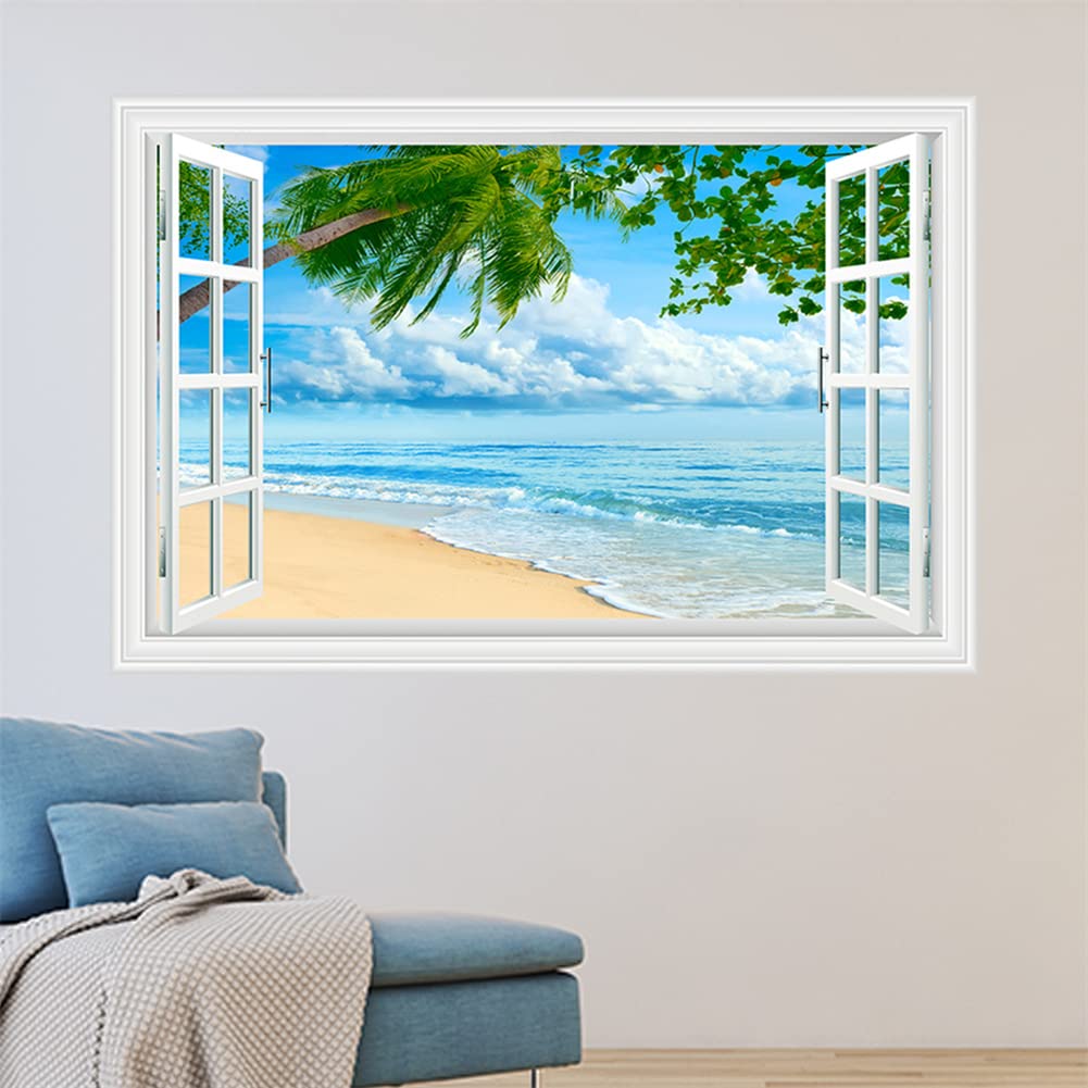 HOTIYOK Fake Window Sticker Wall Sticker Window Ocean Window View Painting Style Wallpaper Poster Blue Sky and Sea Sea of Clouds Mirror Lake Surface