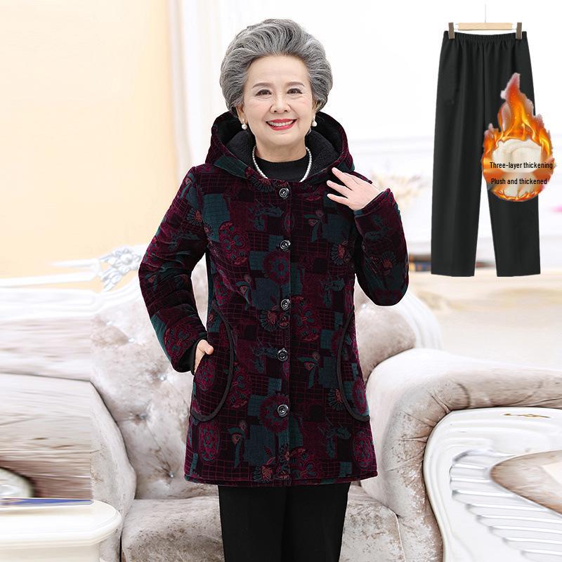 Elderly Women's Cotton-Padded Winter Jacket - Thickened Velvet Coat for 70-Year-Olds