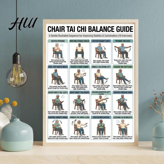 Gelenkschmerzlinderung Übungen 3 Stück Stuhl Tai Chi Übungsplakat Set Sitzendes Training Senioren Selbstpflege-Tabelle für Senioren Geringe Belastung Gleichgewicht Kraft