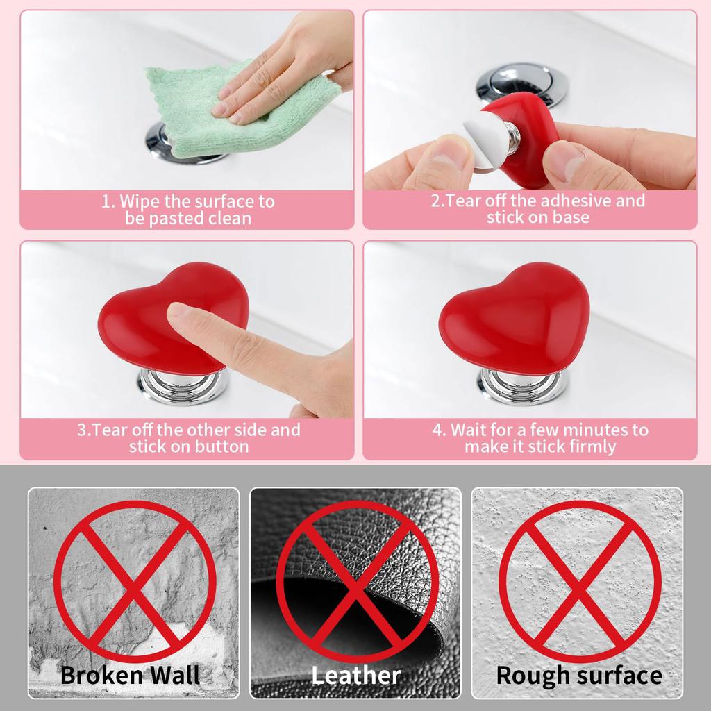 4Pcs Toilet Press Button Topper,Love Heart Shaped Toilet Tank Flusher Top Push Button for Women Long Nail Bathroom Accessories