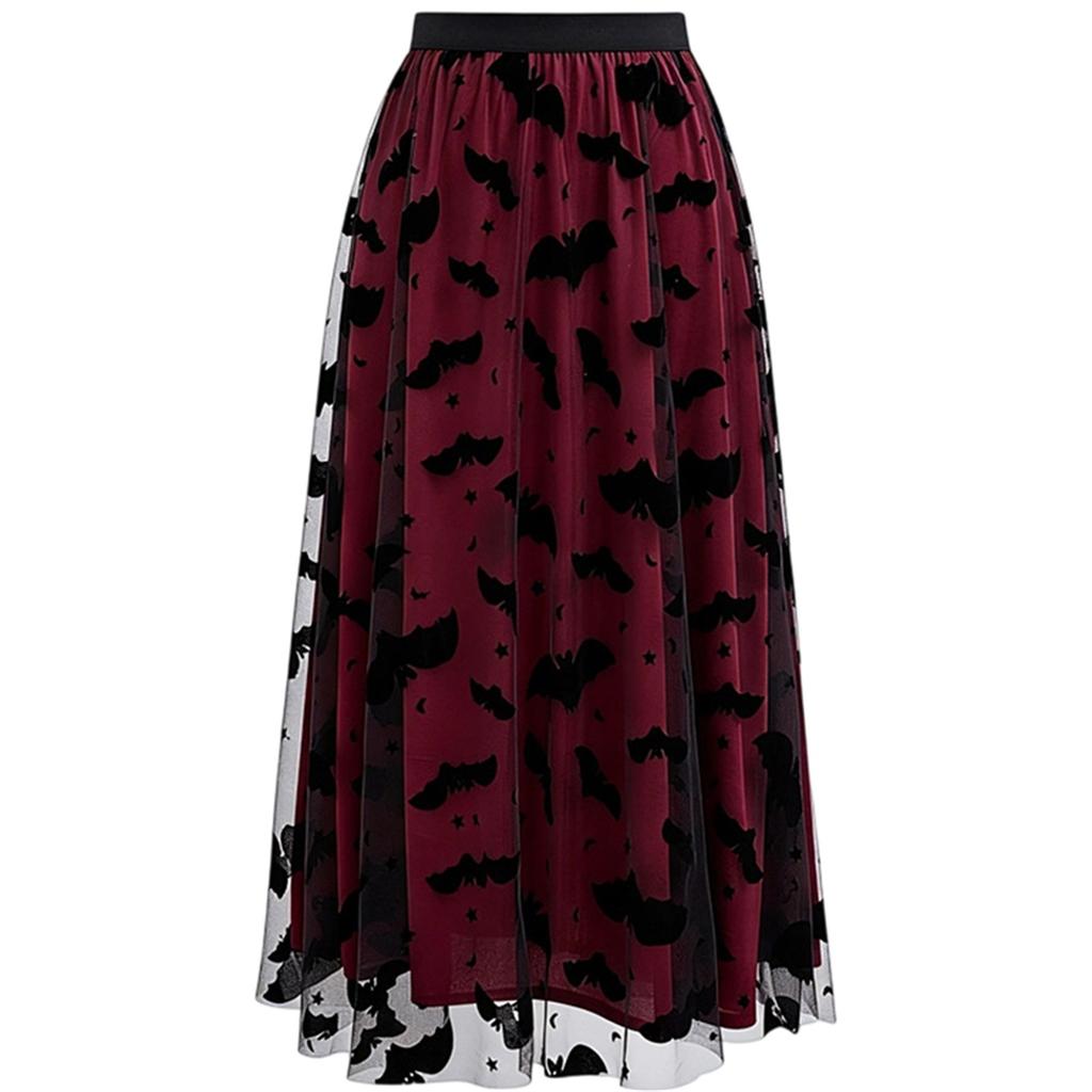 Women's Halloween Print Mesh Maxi Skirt with Elastic Waist for Party Costume