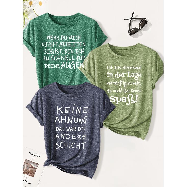3 Pack of Women's Summer Tops | German Funny and Sarcastic Work Complaining Slogan Print T Shirt | Minimalist Style Trendy Casual Round-neck
