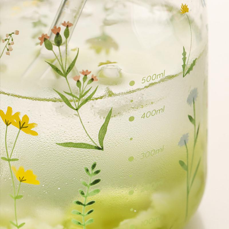 Tasse à motif d'herbe 600/780 ml avec paille et couvercle Gobelet en verre avec tasse graduée résistante à la chaleur pour café lait boisson