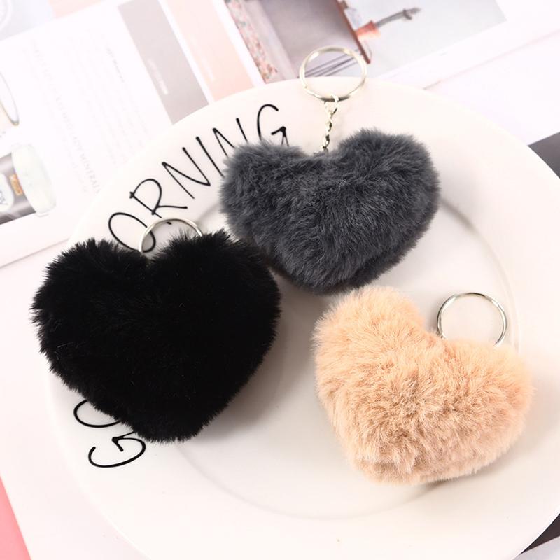 8Cm Fluffy Pompom Keychain Gifts For Women Soft Heart Shape Pompon Fake Rabbit Key Chain Ball Car Bag Accessories Key Ring