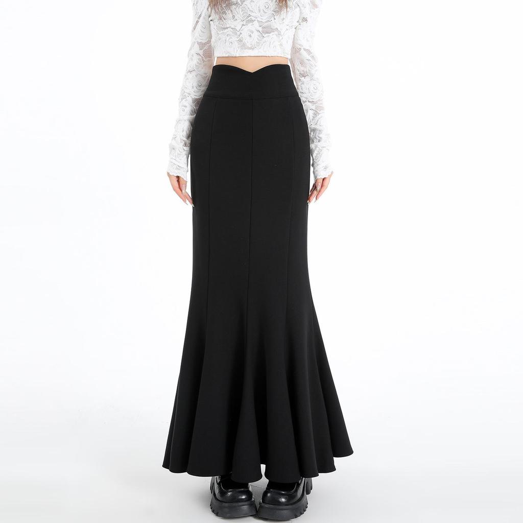 Women's Spring High Waist Elastic Fishtail Long A-line Skirt - Slimming, Large Hem, Hip-Hugging Design