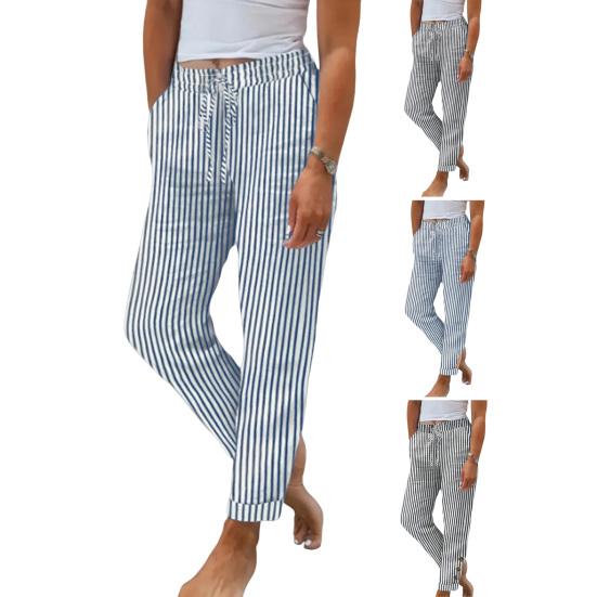 Women Harem Pants Adjustable Elastic Waistline Striped Print Boho Pants with Pockets Lightweight Breathable Casual Trousers