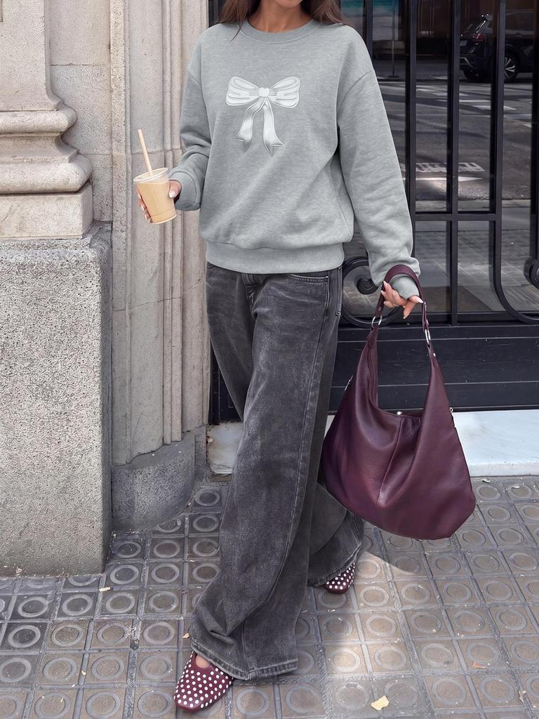 2026 Korean Casual Bow Loose Hoodie for Women - Round Neck