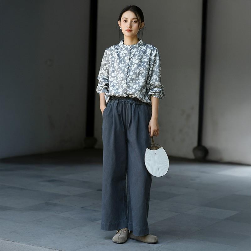 Johnature Women Vintage Straight Pants Solid Color Elastic Waist Trousers Autumn Pockets Soft Long Pants