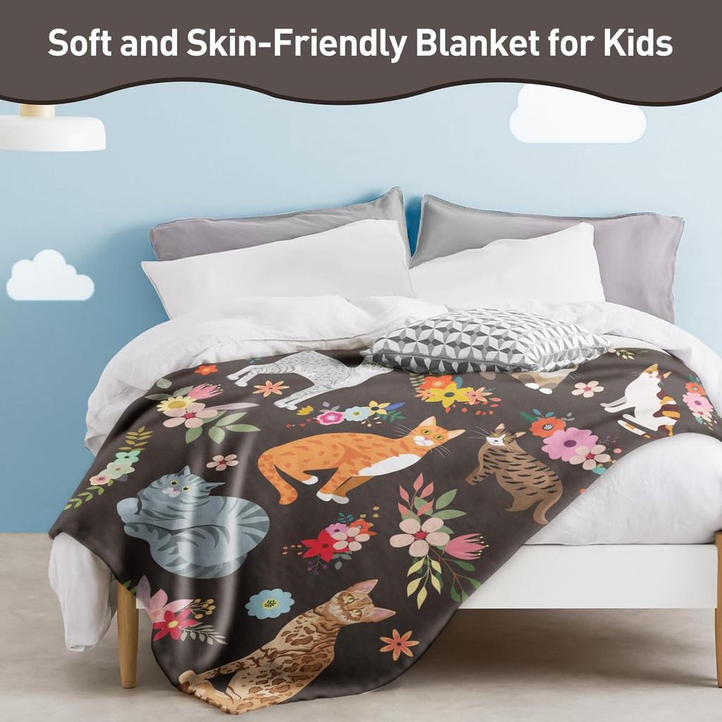 Cats Blanket Cat Present Soft Flannel Lightweight Cats and Flowers Throw Blanket for Kids Girls Boys All Season Cartoon Animals Blankets for Sofa