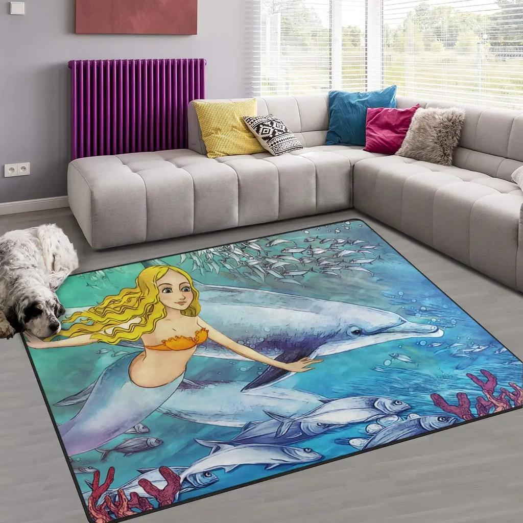 Cartoon Mermaid Girl Area Rug The Underwater World Carpet Ocean Animal Floor Mat Sea Mats Home Living Room Kids Bedroom Doormat