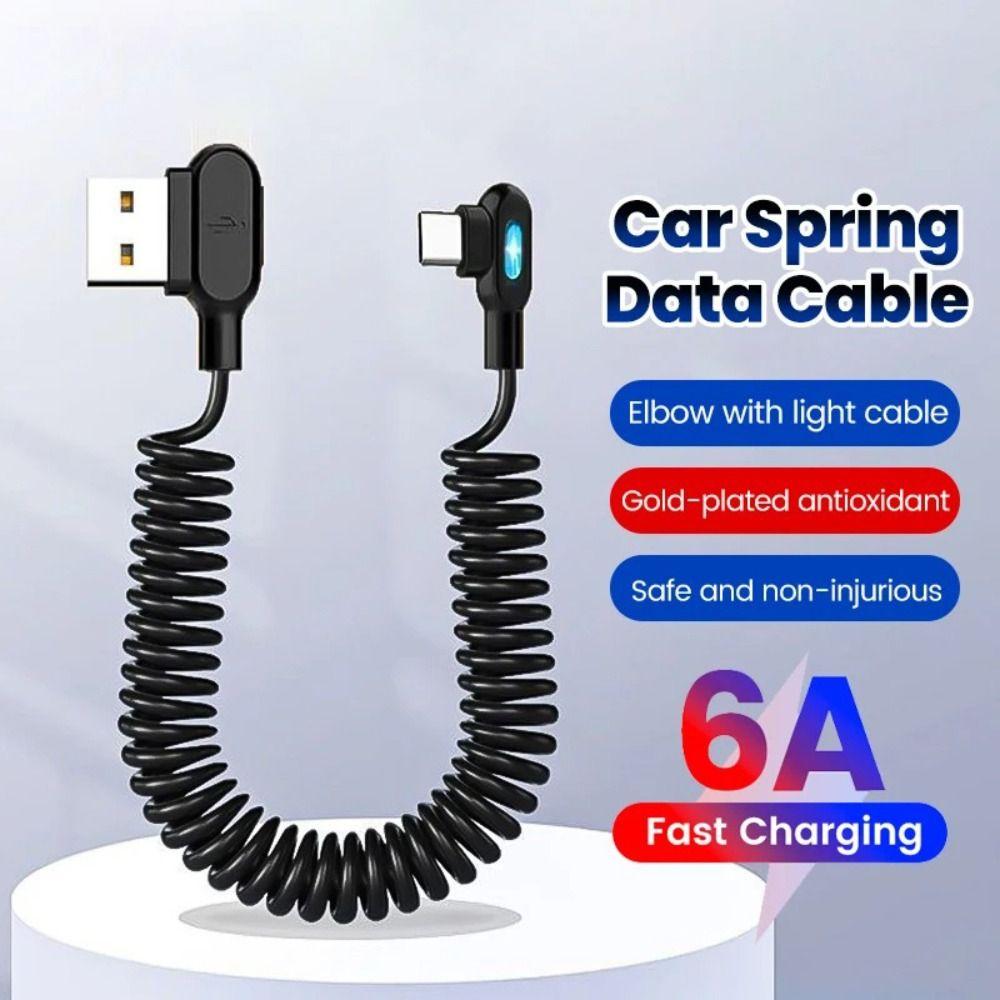 Black USB C To Type C Fast Charging Cable Elbow Car Spring Data Cable for Samsung Huawei Xiaomi Car