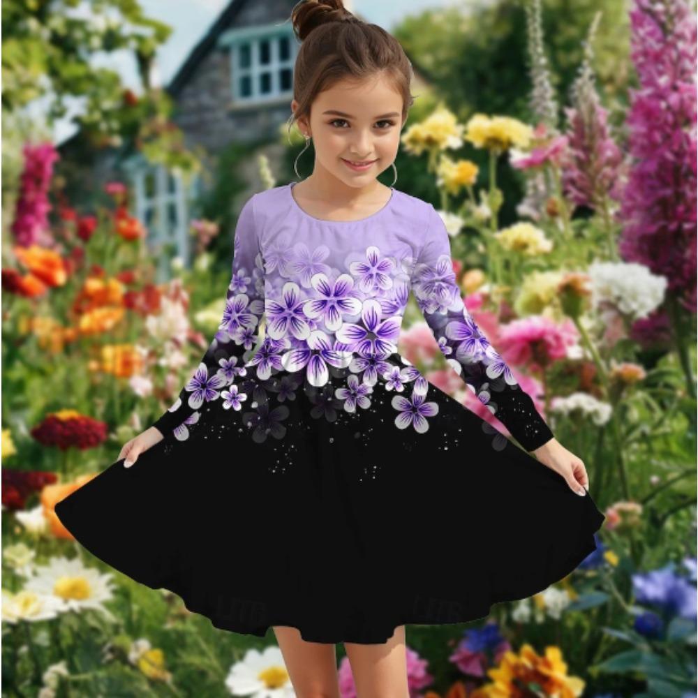 Vestito Casual da Bambina con Stampa Floreale 3D, Girocollo, Manica Lunga, Vestito da Principessa per Bambini
