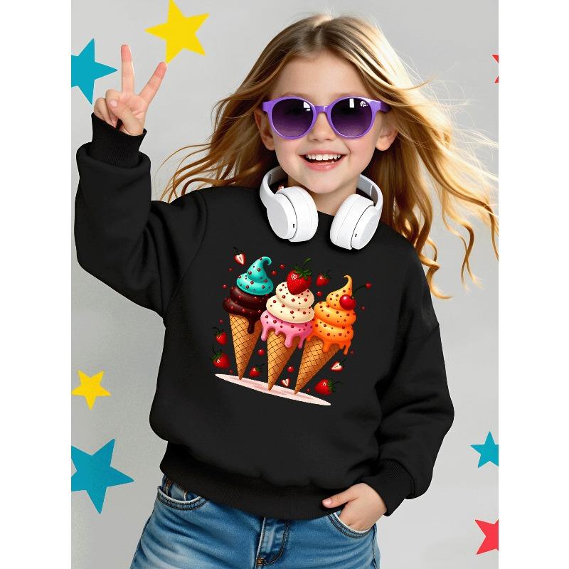 Girls' Soft Crewneck Sweatshirt Colorful Ice Cream Cones with Strawberries And Cherries with Cute Creative Print, Casual All-Match for Fall Winter
