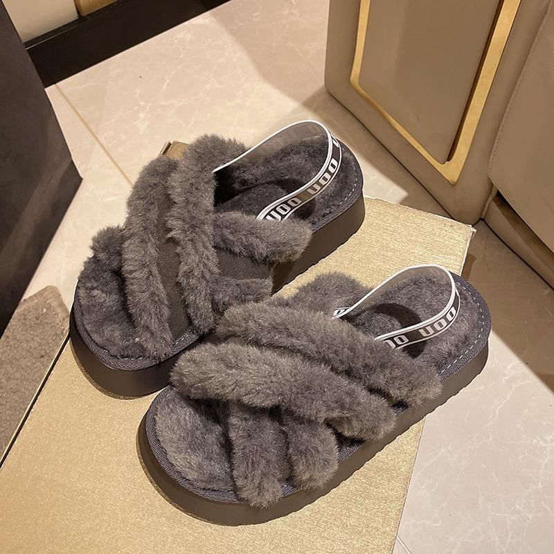 Fashion Winter New Platform Slippers Women's Fashion Suede Plus Hair Open-toe Anti-slip Wear-resistant Flat Shoes