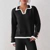 Women's Pullover Sweater  Lapel Contrasting Color Stitching Gold Button Decoration New Autumn and Winter Top