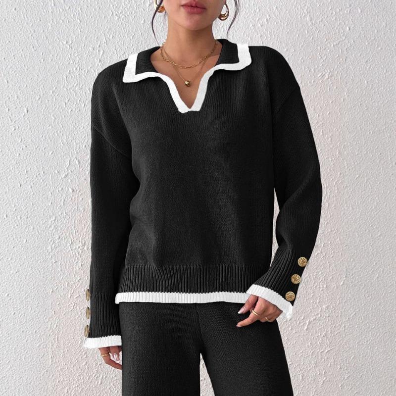 Women's Pullover Sweater Lapel Contrasting Color Stitching Gold Button Decoration New Autumn and Winter Top