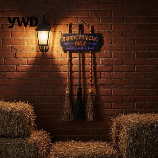 Creative Witch Broom Silhouette Halloween Parking Sign with 3 Pcs Wooden Witches Brooms, Hocus Pocus Seasonal Home Wall Ornament Themed Hanging