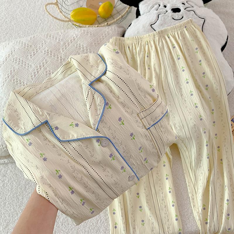 

Китайская антикварная пижама с цветочным принтом для женщин, весна-осень, новый комплект ленивой домашней одежды с длинными рукавами из мятой ткани, реальное фото 2XL