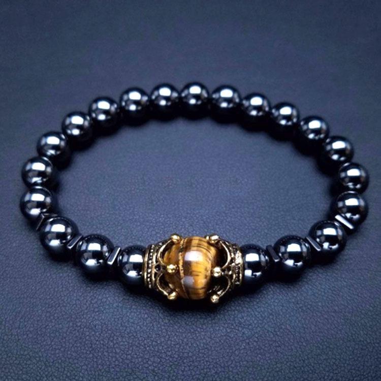 HNSP Beaded Bracelet For Men Natural Stone Tiger Eye Bead Black Stone Elastic Rope Hand Chain Jewelry Accessories