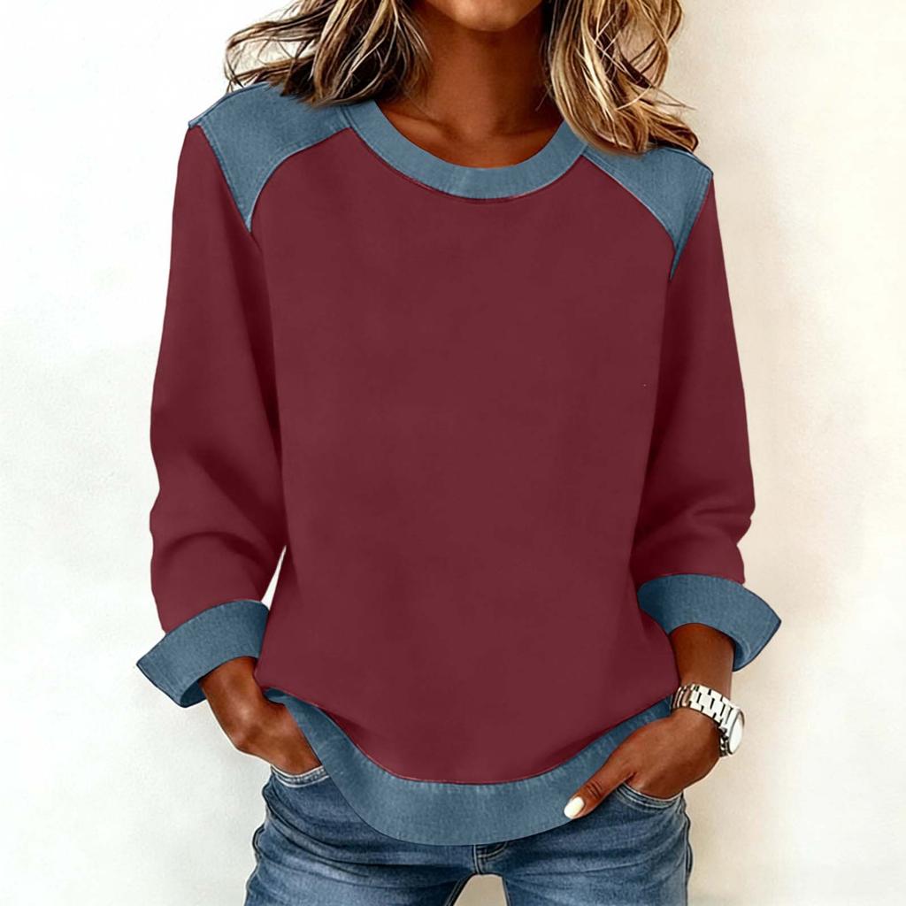 Women Denim Collar Patchwork Stitching Sweatshirt Casual  Pullover Long Sleeve Shirts
