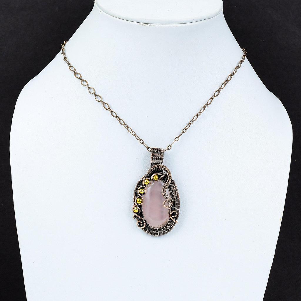 Πανέμορφο ροζ χαλαζία πολύτιμος λίθος από καθαρό σύρμα χαλκού τυλιγμένο χειροποίητο κρεμαστό κόσμημα