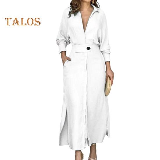 Fall Spring Women Dress Slim Waist Long Sleeves Split Hem Pure Color Lapel V Neck Shirt Type OL Commute Dating Maxi Dress