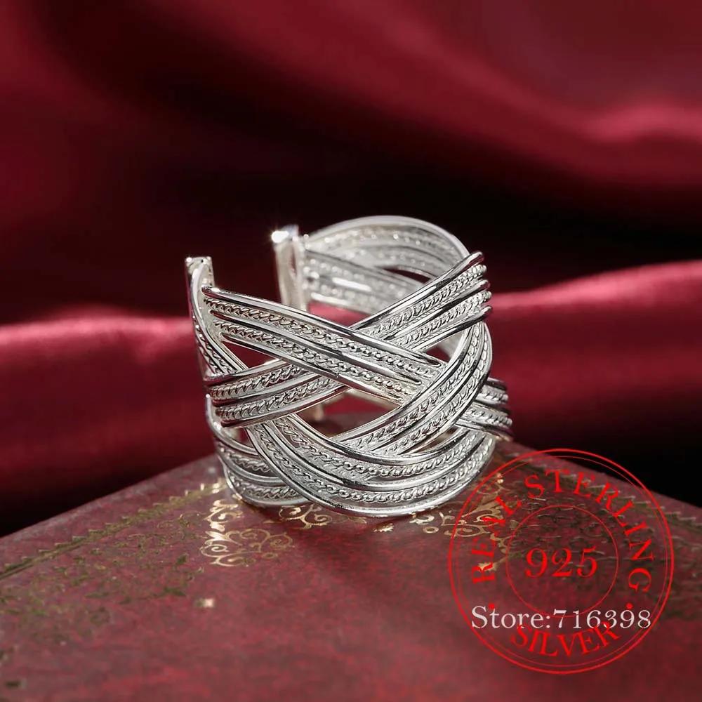 

925 Sterling Silver Cross Weave Open Ring for Woman Man Wedding Engagement Party Gift Fashion Charm Jewelry One Size