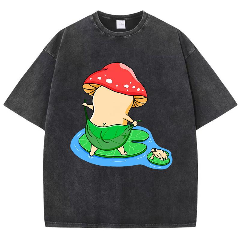 Bath Mushroom Cartoon Printing Women Washed T Shirt Cotton Oversized T-Shirt Casual  Top Summer Soft Streetwear