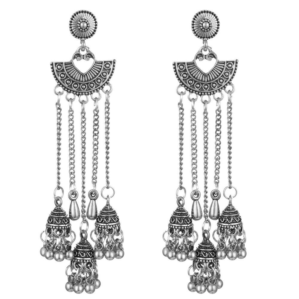 Indian Ethnic Style Jewelry Alloy Vintage Bells Bead Chain Tassel Long Jhumka Earrings For Women Daily Accessories