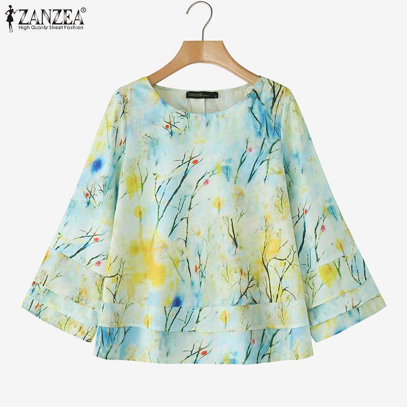 ZANZEA Women Casual Round Neck Loose 3/4 Sleeve Print Blouse
