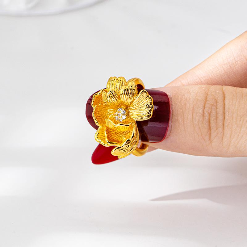 Vietnamese Sand Gold Peony Filigree Zircon Women's Open Ring - Long-Lasting Color Retention