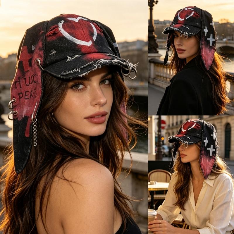 Cappellino da baseball in misto cotone effetto invecchiato con pannelli estesi, dettagli in metallo e visiera rivolta in avanti per festival