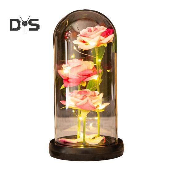 Konserverad ros i glaskupa LED-ljus Evig blomma Romantisk Evighetsros Gåva för kvinnor Alla hjärtans dag Mors dag