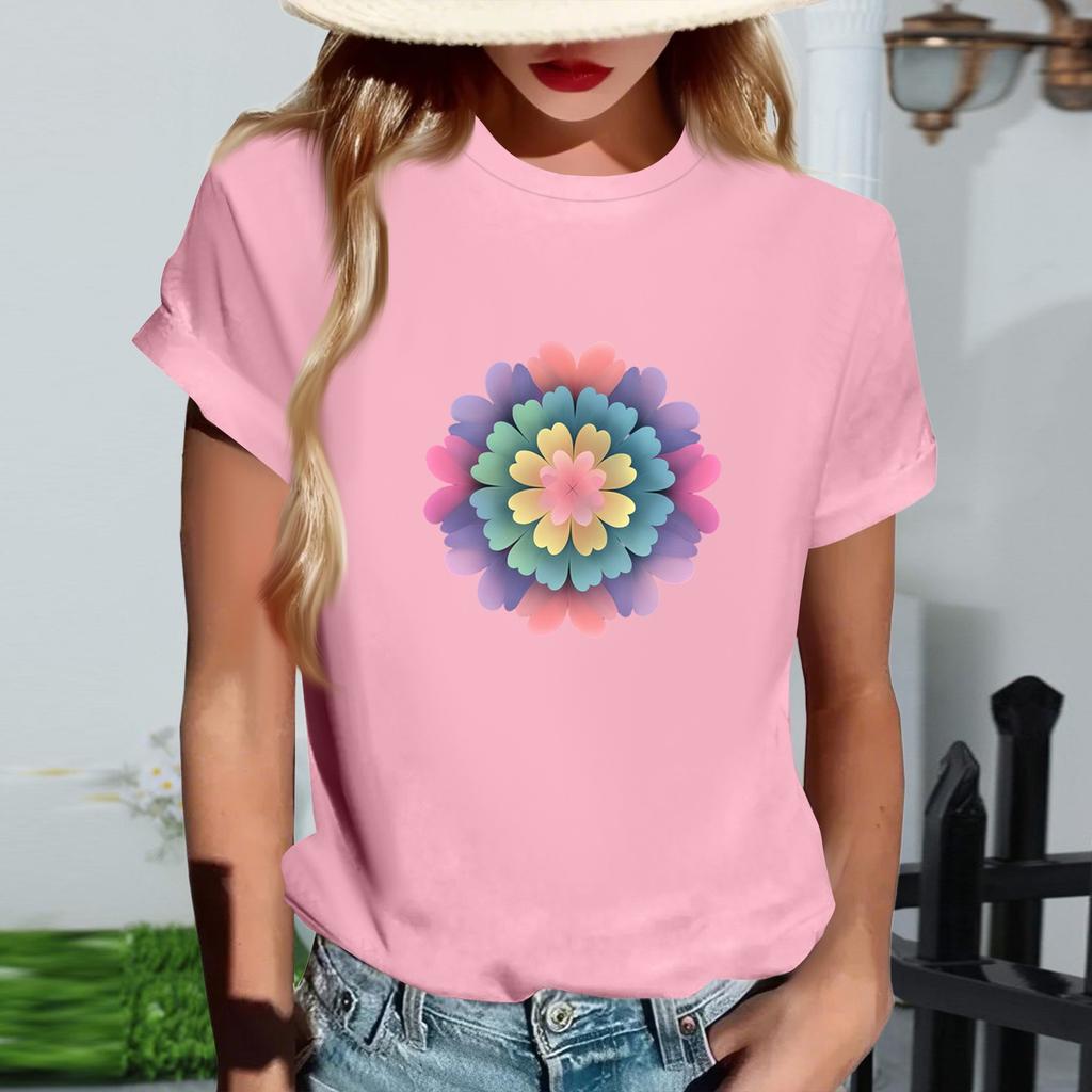 Women's Fashionable Round Neck Casual Retro Print Short Sleeved T-shirt Top