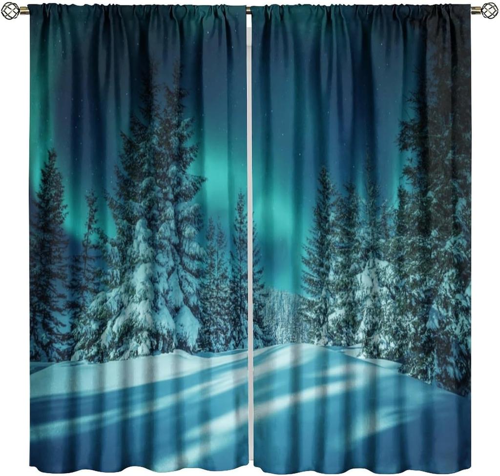 Winter Forest Curtain Natural Landscape Snow Covered Tree Window Curtains Living Room Bedroom Kitchen Office Cafe Blackout Polyester Ideal For Great