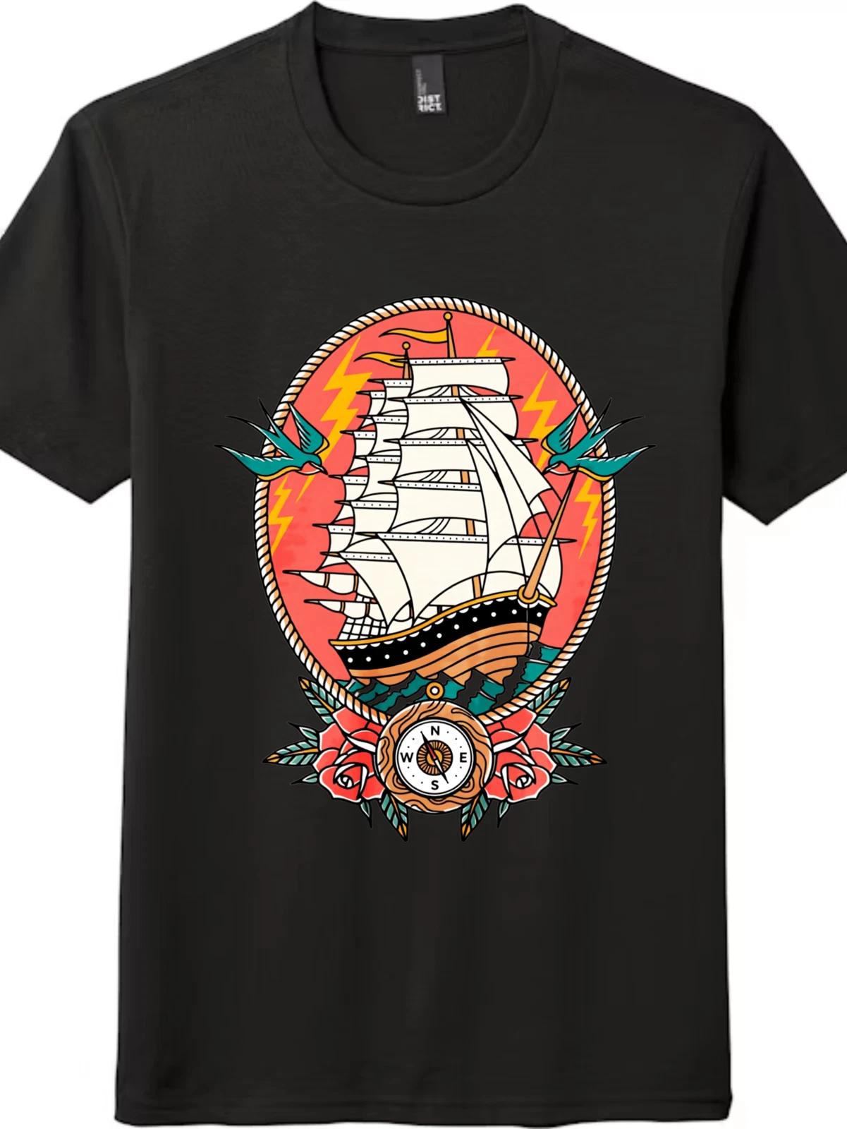 

Vintage Nautical Ship T-Shirt - Gift for Sailors & Tattoo Art Fans S