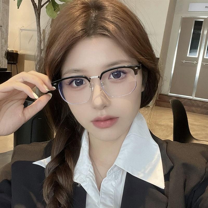 Plain Slimming Artifact Flat Glasses Eye Protection Anti-Blue Light Glasses Women'S Eyebrows Glasses Frame Black Silver Frame Myopia Glasses