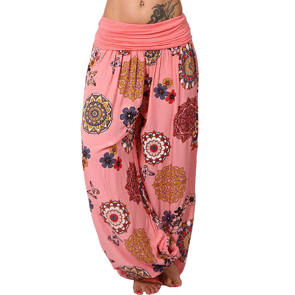 Women's High Waist Printed Harem Pants Loose Wide Leg Long Trousers Elastic Fold Waist Casual Bohemian Digital Print Baggy Pants
