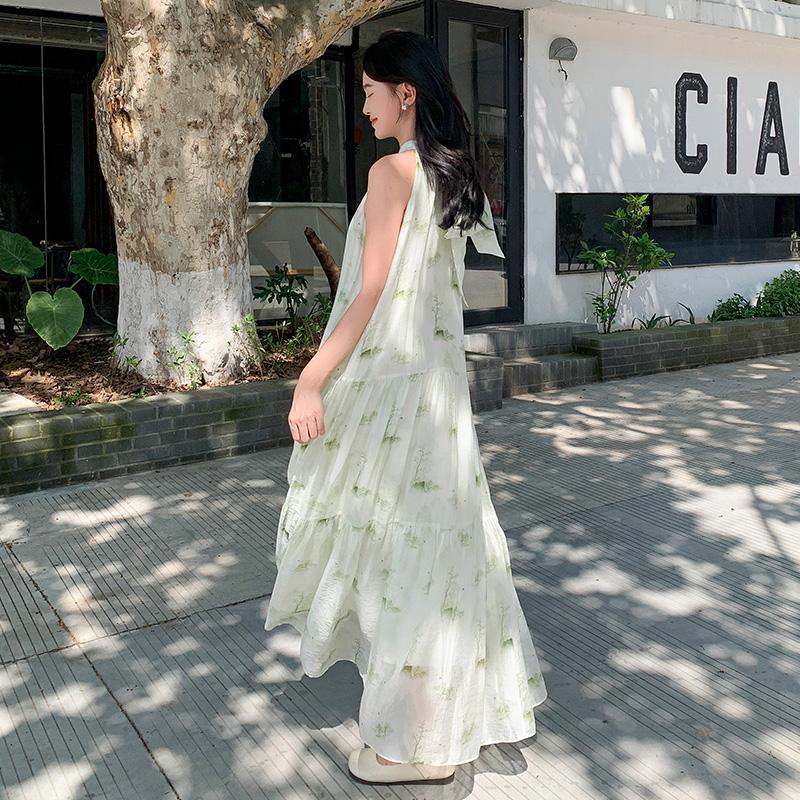 Women Halter Floral Maxi Dress, Sleeveless Tiered Vacation Dress S светло-зеленый