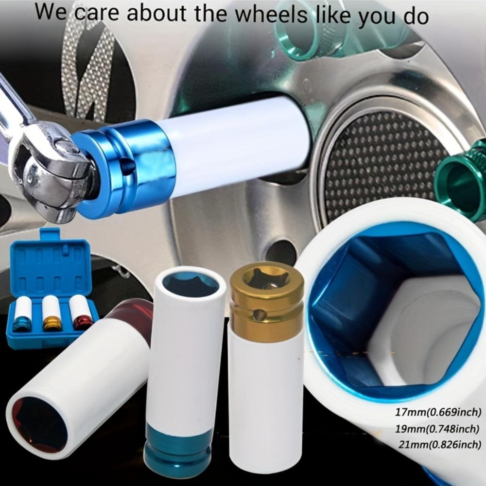 3-piece 1/2-inch Drive Impact Sleeve Set, Thin-walled Hub Nut Sleeve, Metal Deep Sleeve Set for Tire Protection