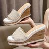 Fashion Eilyken New Summer Design Weave Square Toe Platform Wedge Heels Slippers Woman Fashion Slide Shoes Zapatos De Mujer