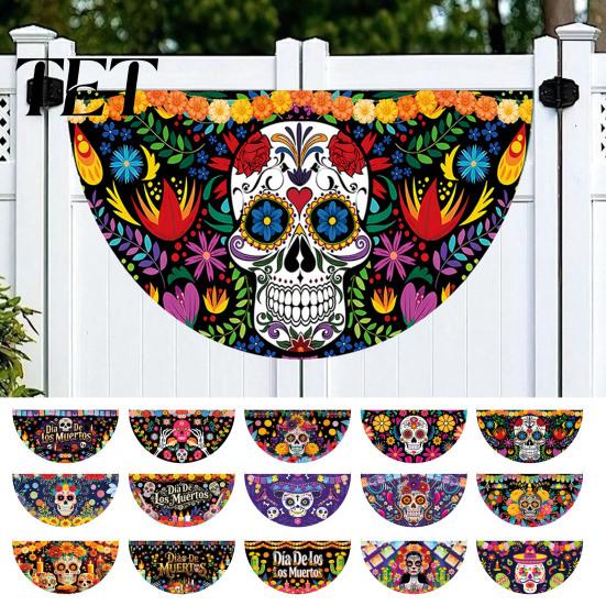 Colorful Cemetery Memorial Flag Day of The Dead Skull Bunting Banner, Marigold Print Fiesta Hanging Flag, Sugar Outdoor Yard Party Decor Floral