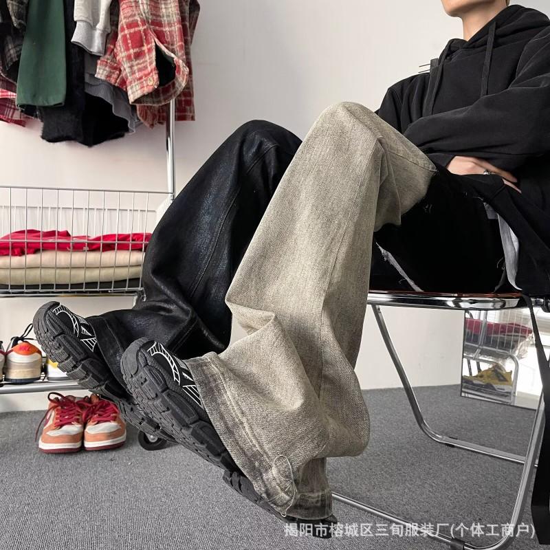 Mens Distressed Washed Denim Wide Leg Jeans With Patchwork Coating High Street Streetwear Style Loose Fit Straight Cut