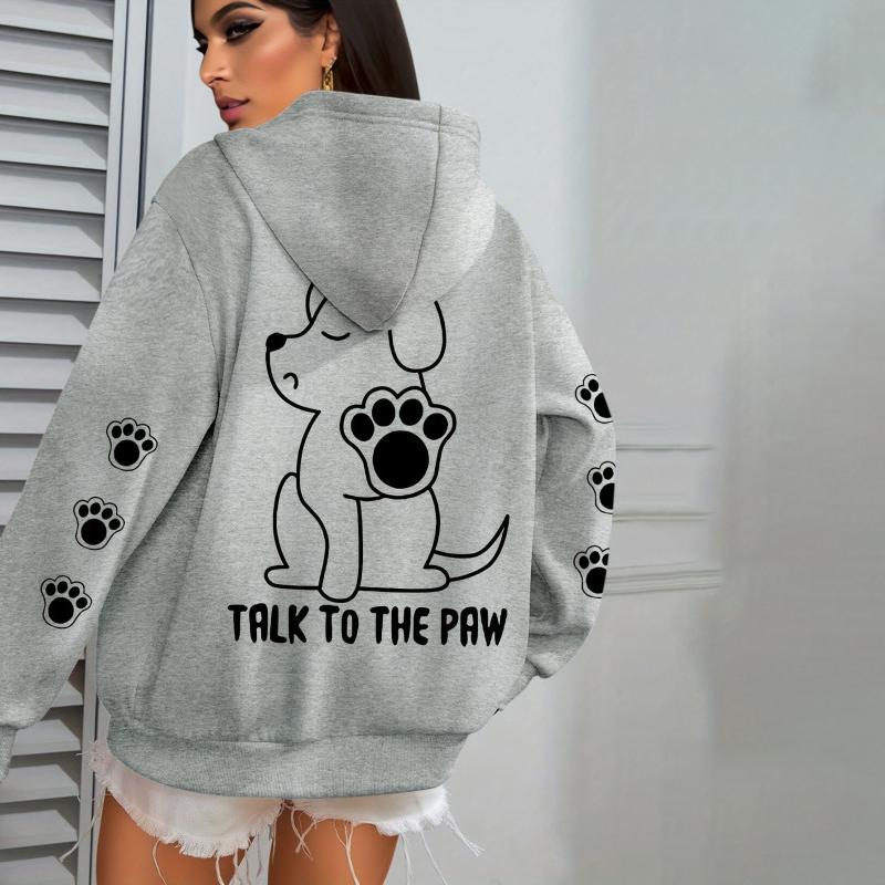 Ladies Spring Autumn Casual Hooded Long Sleeve Big Pocket Cute Puppy Printed Pullover Hoodies Sweatshirt Top