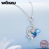 WOSTU 925 Sterling Zilver Zeemeermin Prinses Hanger Ketting met Blauwe Oceaan Zirconia Nekkettingen voor Vrouwen Vakantie Sieraden Cadeau