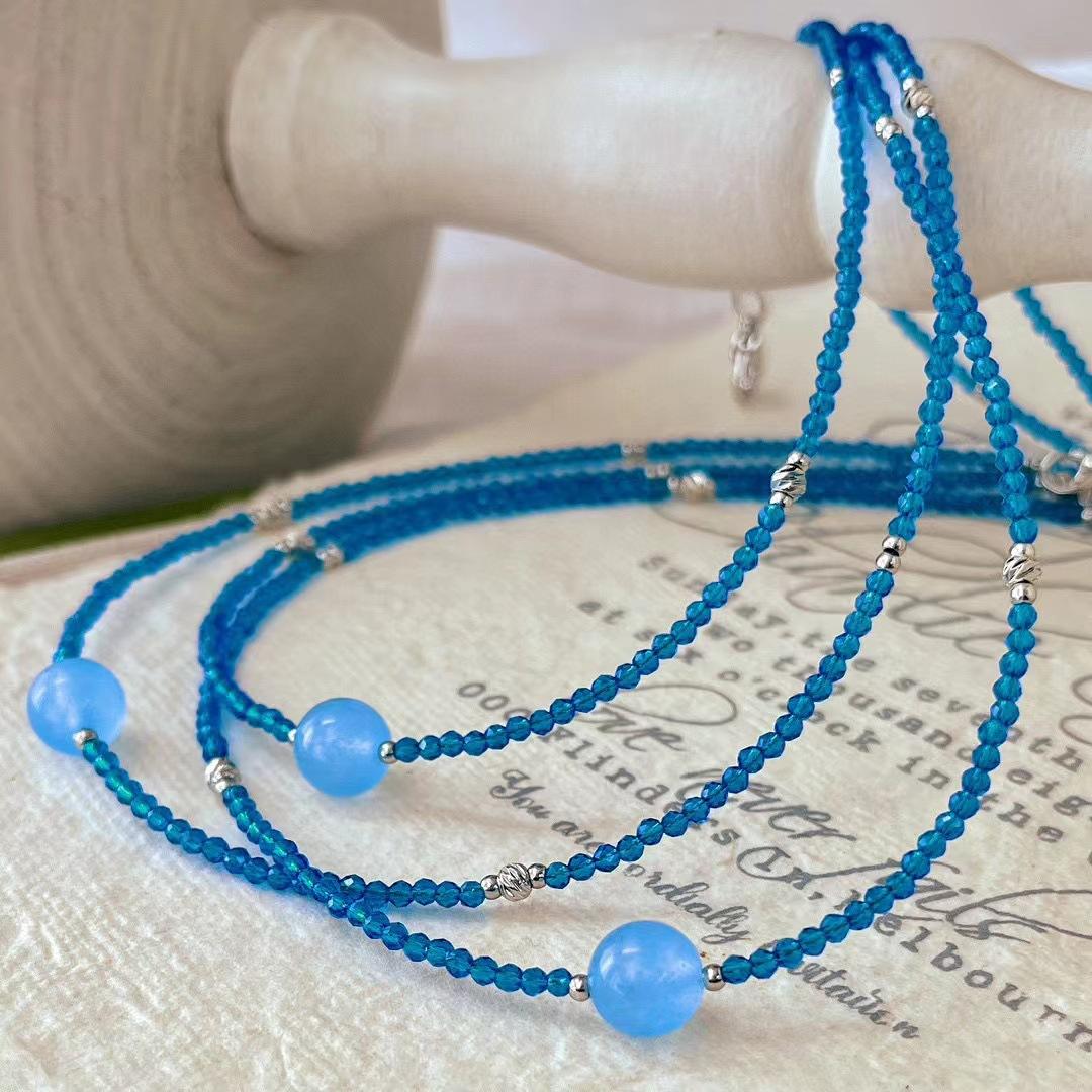 Vintage Simulation Sapphire Baby Beads Collarbone Chain Necklace Neck Chain Beaded Handmade